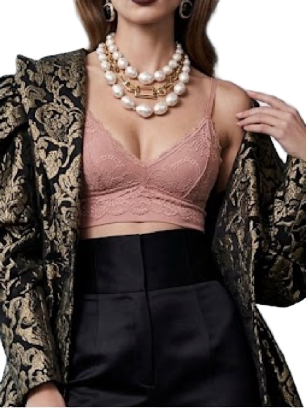 French Affair dusty rose pink lace bralette cropped top L